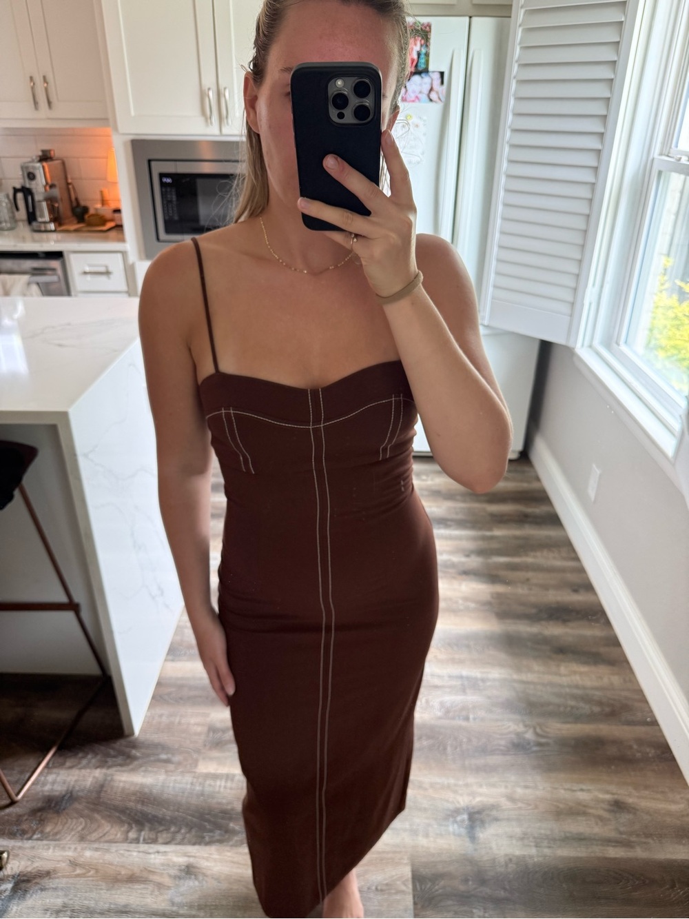 Zara Brown Strapless Midi Dress with Contrast Seams - Picture 4 of 7